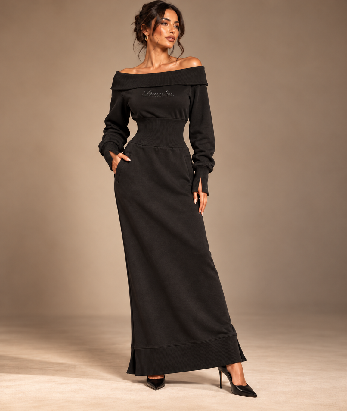Desan Lux Signature Off-Shoulder Sweatshirt Maxi Dress