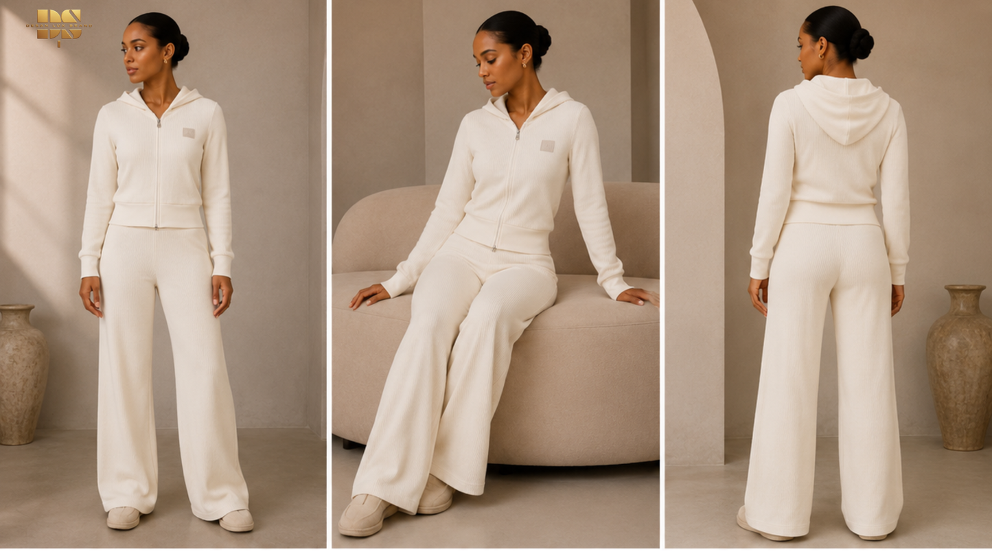 DESAN LUX Rib-Knit Wide Leg Lounge Set – Cream