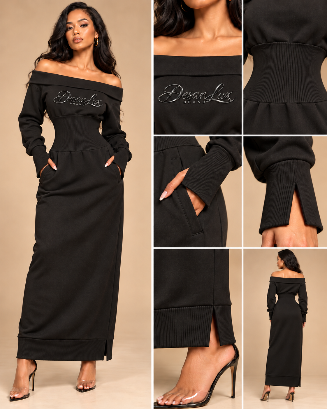 Desan Lux Signature Off-Shoulder Sweatshirt Maxi Dress