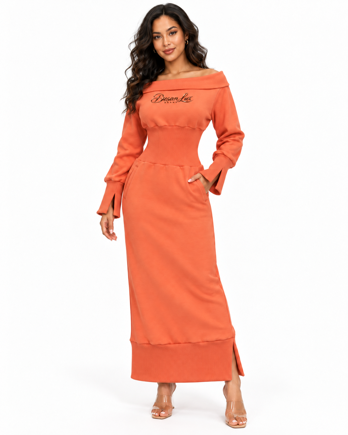 Desan Lux Signature Off-Shoulder Sweatshirt Maxi Dress