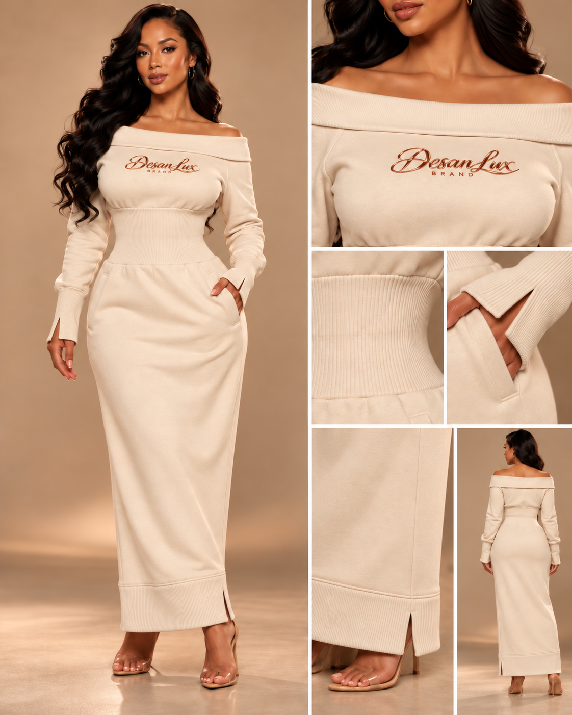 Desan Lux Signature Off-Shoulder Sweatshirt Maxi Dress