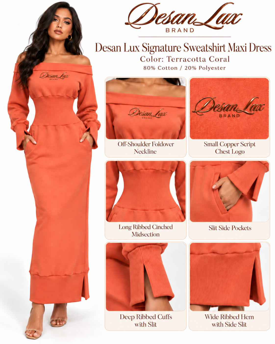 Desan Lux Signature Off-Shoulder Sweatshirt Maxi Dress