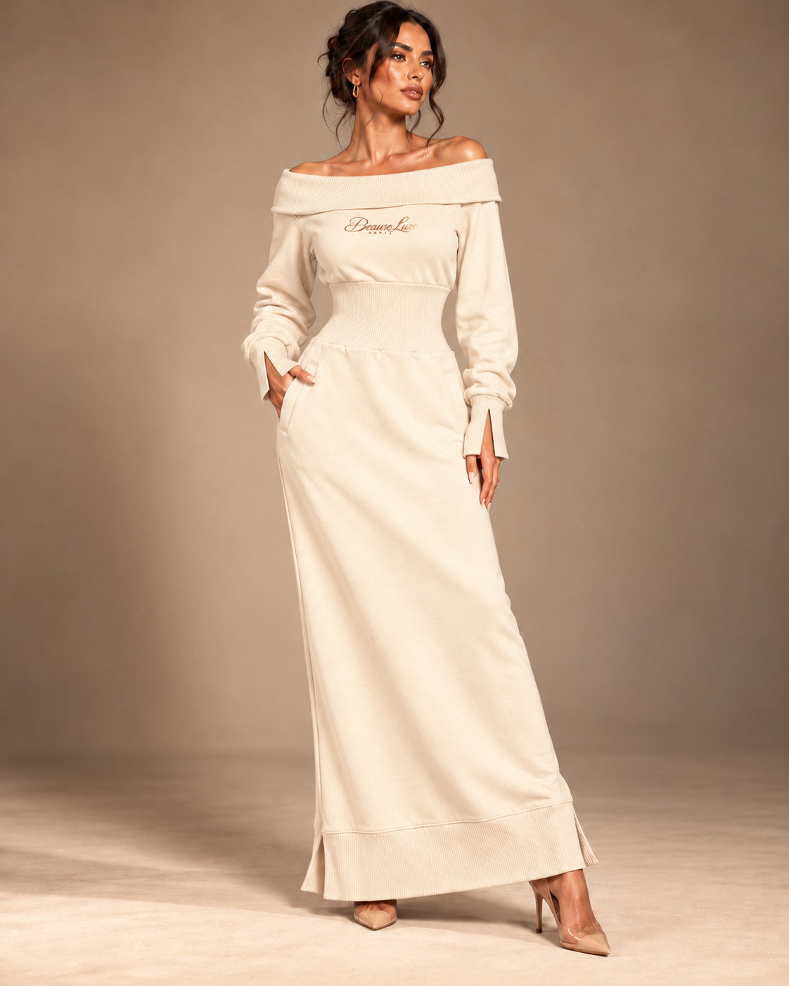 Desan Lux Signature Off-Shoulder Sweatshirt Maxi Dress