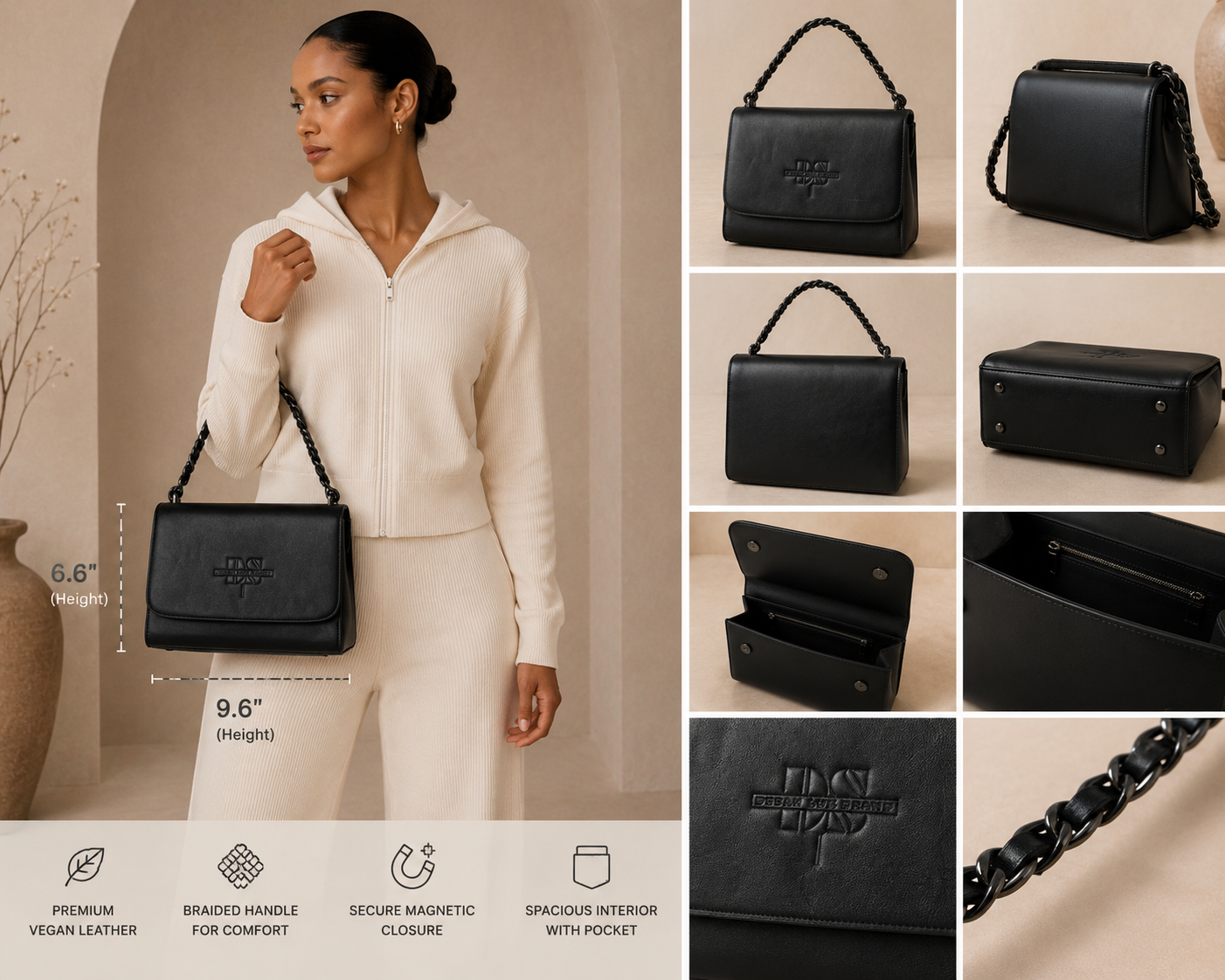DESAN LUX  BRABD Signature Vegan Leather Handbag – Black